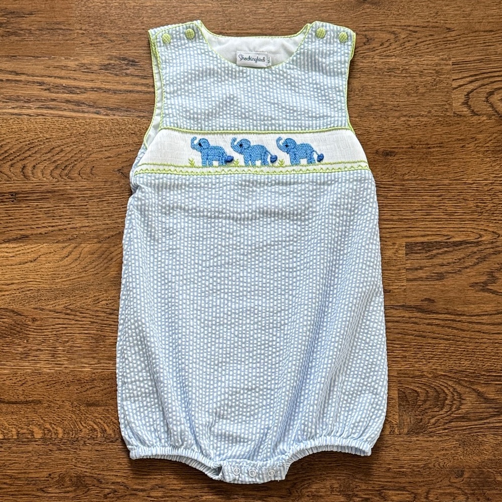 Smockingbird Blue Seersucker Elephant Romper
